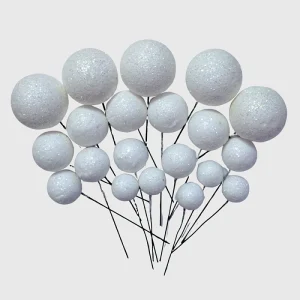 set 20 sfere bile din plastic pentru decor tort albe cu sclipici sfera