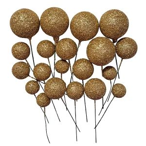 set 20 sfere bile din plastic pentru decor tort aurii cu sclipici sfera