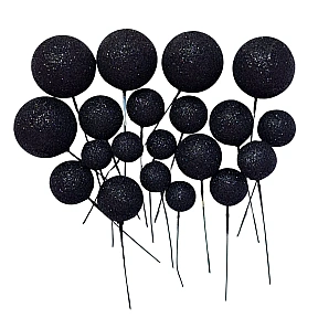 set 20 sfere bile din plastic pentru decor tort negru cu sclipici sfera
