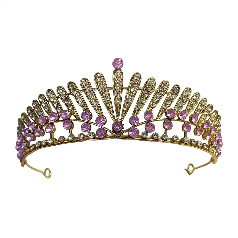 Coroniță din metal auriu cu ștrasuri roz 16 x 5 cm