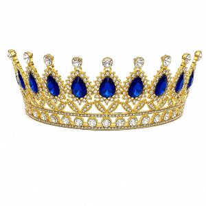 Coroniță din metal auriu cu ștrasuri argintii și albastre 14 x 5 cm